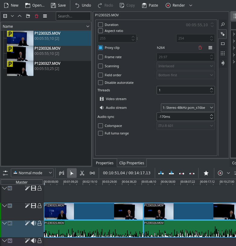kdenlive clip properties including Audo Sync