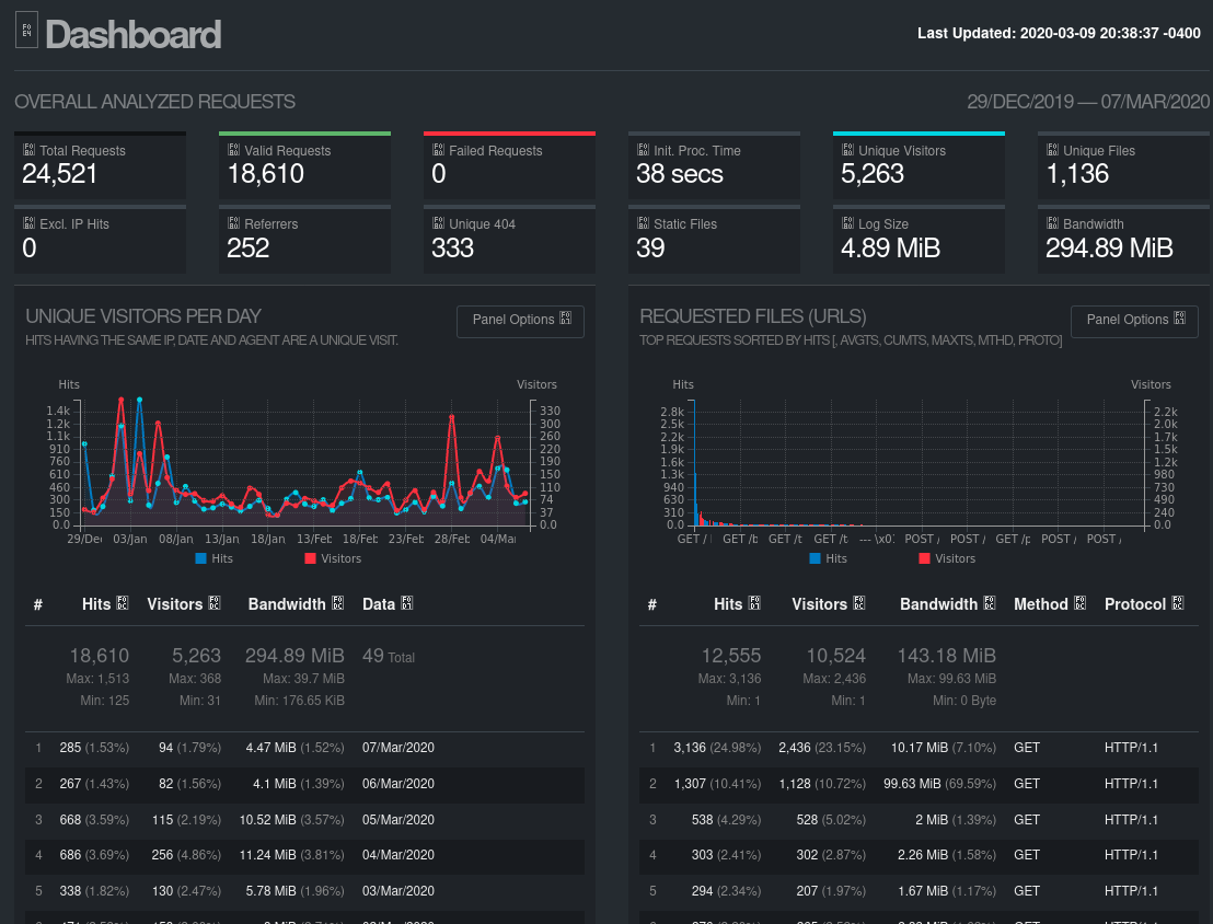 A crop of a goAccess html report with general statistics and two sample sections.