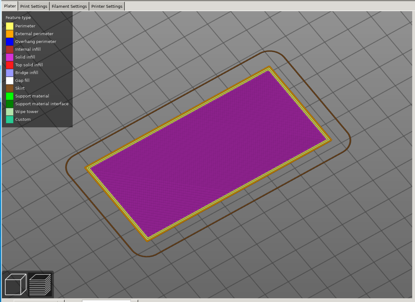 A preview of a sliced rectangular print model in Prusa Slicer